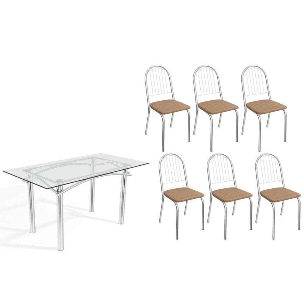 Conjunto: Mesa Sala Jantar Elba c/ Tampo de Vidro 150cm e 6 Cadeiras Noruega Cromada - Courano Capuccino - Kappesberg