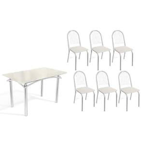 Conjunto: Mesa de Cozinha Elba Tampo Madeirado c/ Vidro 120cm e 6 Cadeiras Noruega Cromada/Off White - Courano Branco - Kappesberg