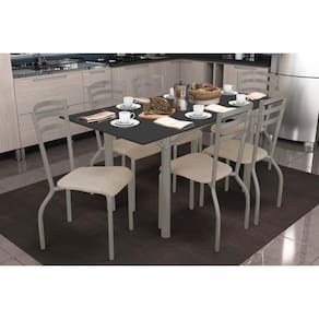Conjunto: Mesa Sala Jantar Elba Tampo Madeirado c/ Vidro 160cm e 6 Cadeiras Portugal Niquel/Preto - Courano Bege - Kappesberg