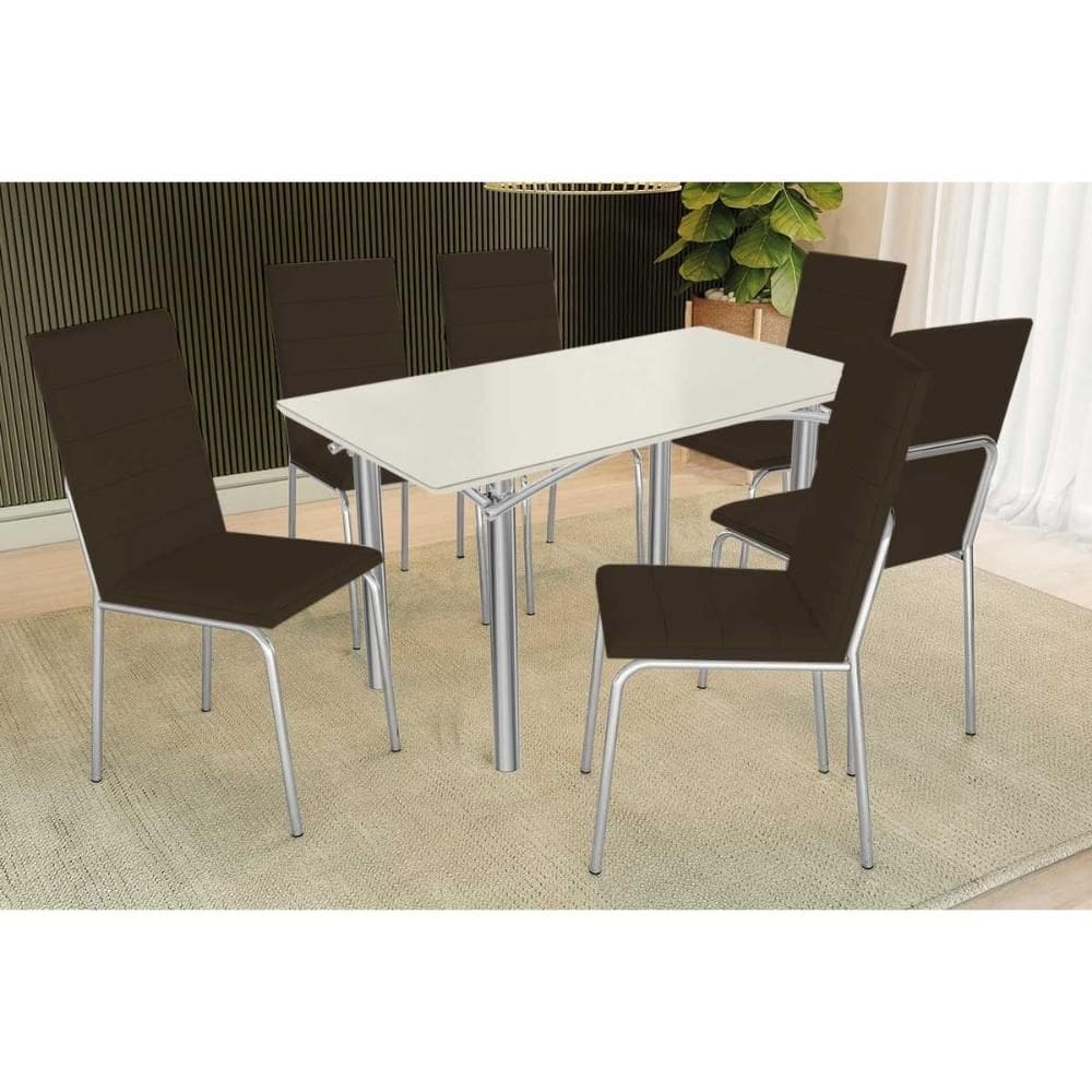 Conjunto: Mesa de Cozinha Elba Tampo Madeirado c/ Vidro 160cm e 6 Cadeiras Amsterdã Cromada/Off White - Courano Marrom - Kappesberg