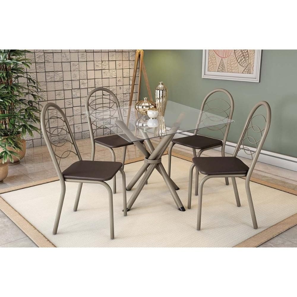 Conjunto: Mesa Sala Jantar Volga c/ Tampo de Vidro 90cm e 4 Cadeiras Holanda Niquel - Courano Marrom - Kappesberg