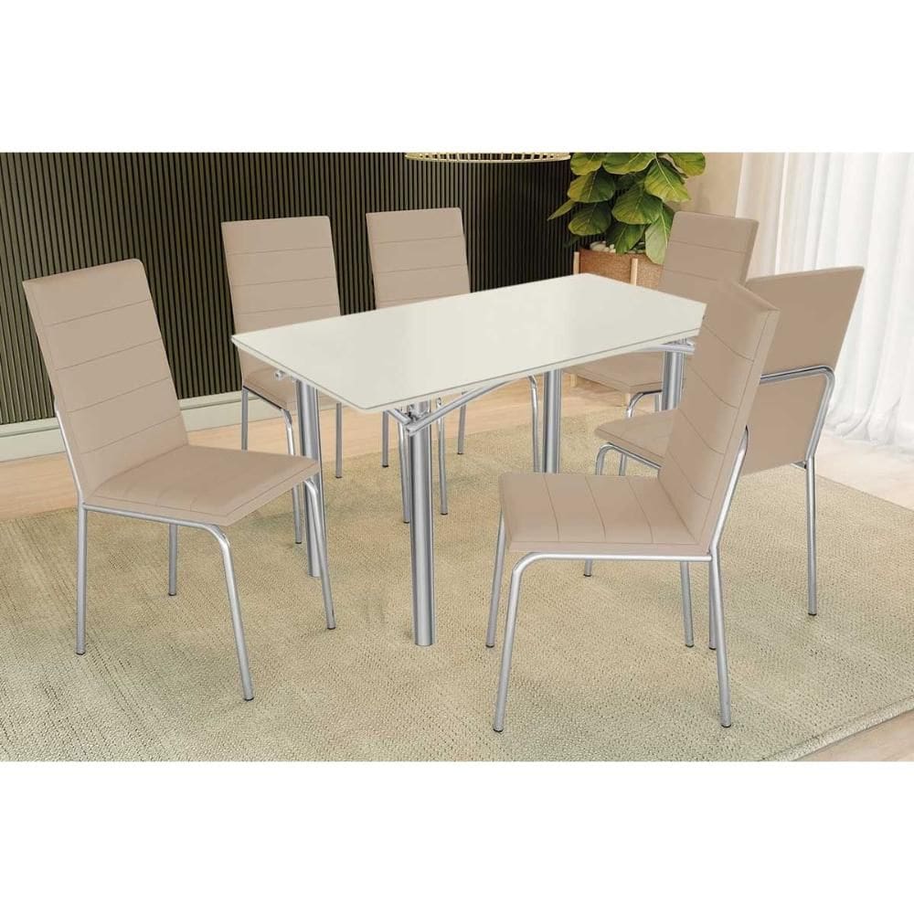 Conjunto: Mesa de Cozinha Elba Tampo Madeirado c/ Vidro 160cm e 6 Cadeiras Amsterdã Cromada/Off White - Courano Bege - Kappesberg