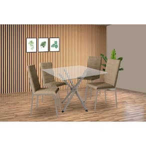 Conjunto: Mesa Sala Jantar Volga c/ Tampo de Vidro 90cm e 4 Cadeiras Amsterdã Niquel - Courano Capuccino - Kappesberg