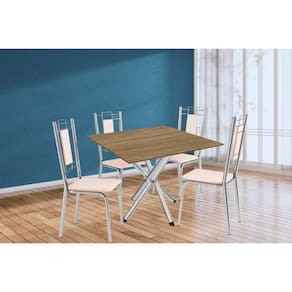 Conjunto: Mesa de Cozinha Volga c/ Tampo de Madeira 90cm e 4 Cadeiras Florença Cromado/Nogueira - Bege - Kappesberg