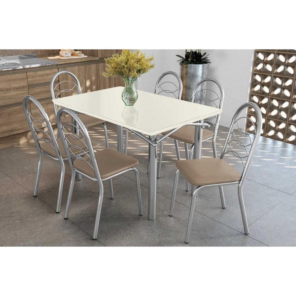 Conjunto: Mesa Sala Jantar Elba Tampo Madeirado c/ Vidro 120cm e 6 Cadeiras Holanda Cromada/Off White - Courano Bege - Kappesberg