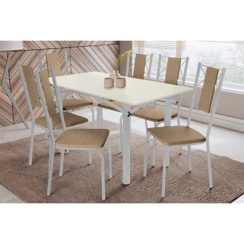 Conjunto: Mesa de Cozinha Elba Tampo Madeirado c/ Vidro 160cm e 6 Cadeiras Lisboa Cromada/Off White - Courano Capuccino - Kappesberg