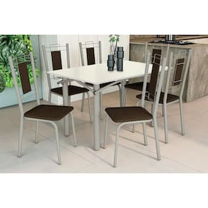 Conjunto: Mesa Sala Jantar Elba Tampo Madeirado c/ Vidro 120cm e 6 Cadeiras Florença Niquel/Off White - Courano Marrom - Kappesberg