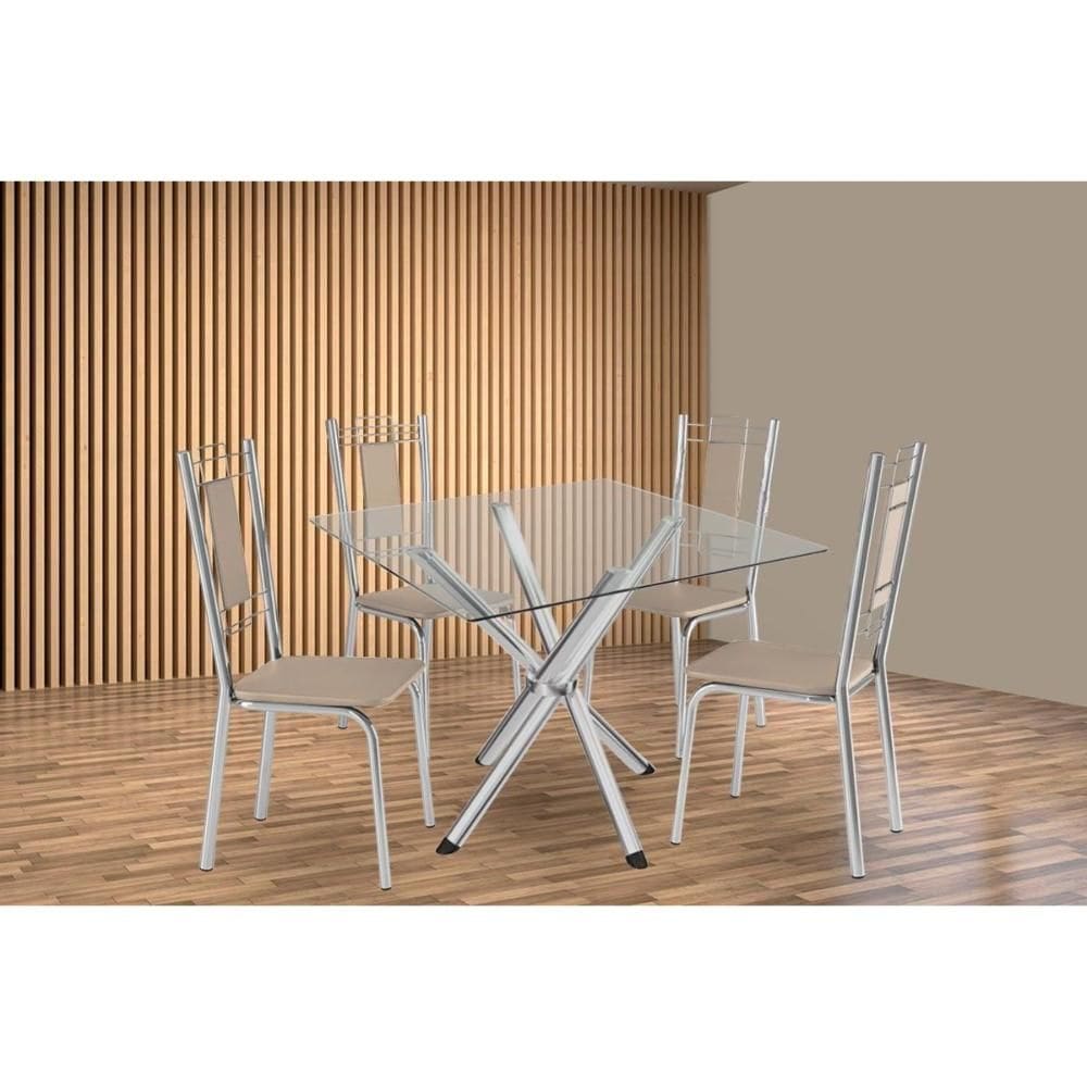 Kit 4 Cadeiras Sala Jantar Volga c/ Tampo de Vidro 90cm e 4 Cadeiras Florença Cromada - Courano Bege - Kappesberg