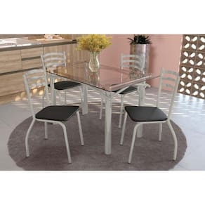 Conjunto: Mesa de Cozinha Elba c/ Tampo de Vidro 140cm e 6 Cadeiras Portugal Niquel - Courano Preto - Kappesberg