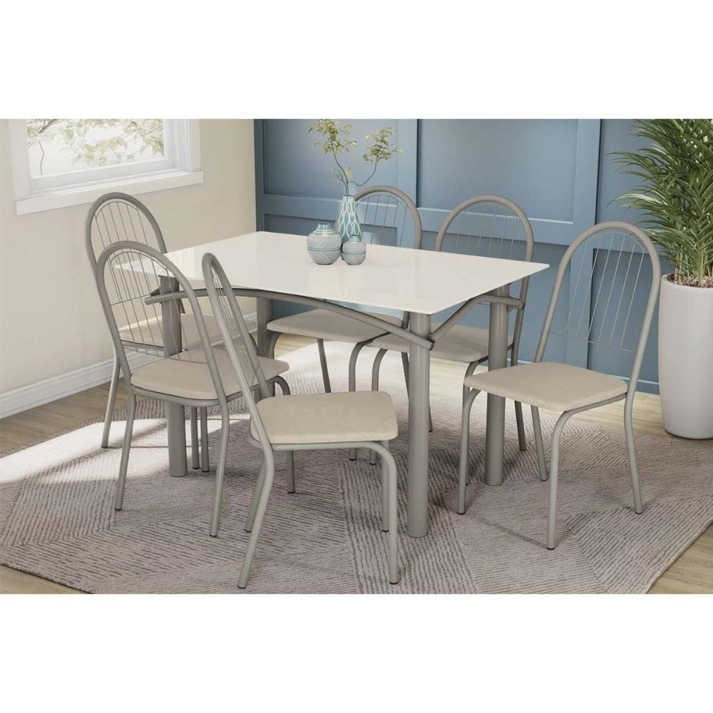 Conjunto: Mesa de Cozinha Elba Tampo Madeirado c/ Vidro 120cm e 6 Cadeiras Noruega Niquel/Off White - Courano Bege - Kappesberg