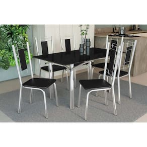 Conjunto: Mesa de Cozinha Elba Tampo Madeirado c/ Vidro 160cm e 6 Cadeiras Florença Cromada/Preto - Courano Preto - Kappesberg