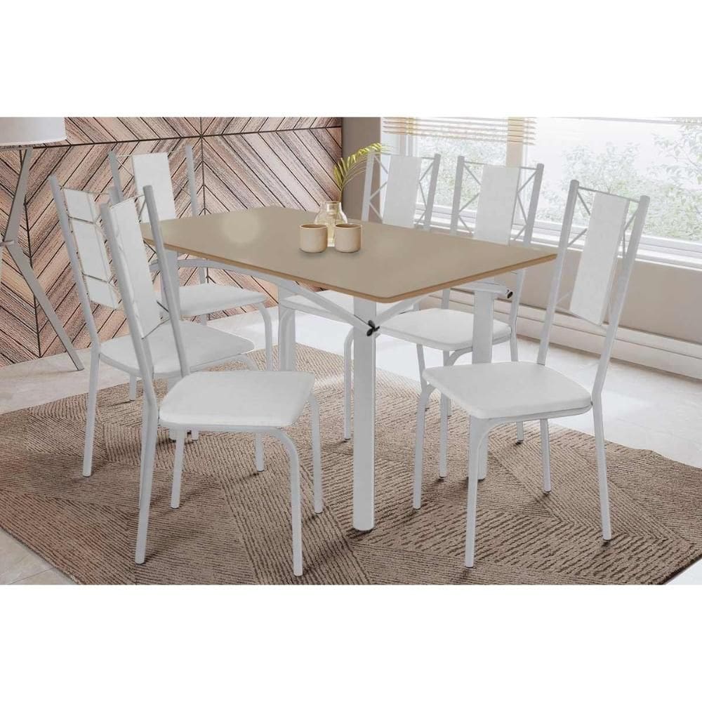 Conjunto: Mesa Sala Jantar Elba Tampo Madeirado c/ Vidro 160cm e 6 Cadeiras Lisboa Cromada/Freijo Bronze - Courano Branco - Kappesberg
