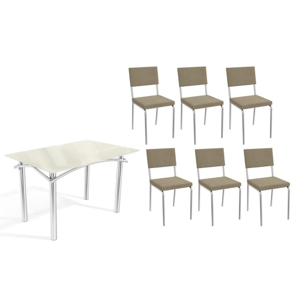 Conjunto: Mesa de Cozinha Elba Tampo Madeirado c/ Vidro 120cm e 6 Cadeiras Zaria Cromada/Off White - Boucle Bege - Kappesberg