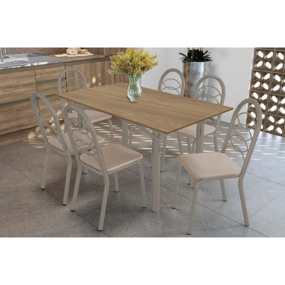 Conjunto: Mesa de Cozinha Elba c/ Tampo de Madeira 160cm e 6 Cadeiras Holanda Niquel/Nogueira - Courano Bege - Kappesberg