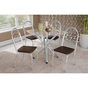 Sala de Jantar Completa Volga c/ Tampo de Vidro 90cm e 4 Cadeiras Holanda Cromada - Courano Marrom - Kappesberg