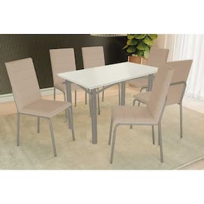 Conjunto: Mesa Sala Jantar Elba Tampo Madeirado c/ Vidro 120cm e 6 Cadeiras Amsterdã Niquel/Off White - Courano Bege - Kappesberg
