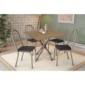 Conjunto: Mesa Sala Jantar Volga c/ Tampo de Madeira 90cm e 4 Cadeiras Holanda Niquel/Nogueira - Courano Preto - Kappesberg