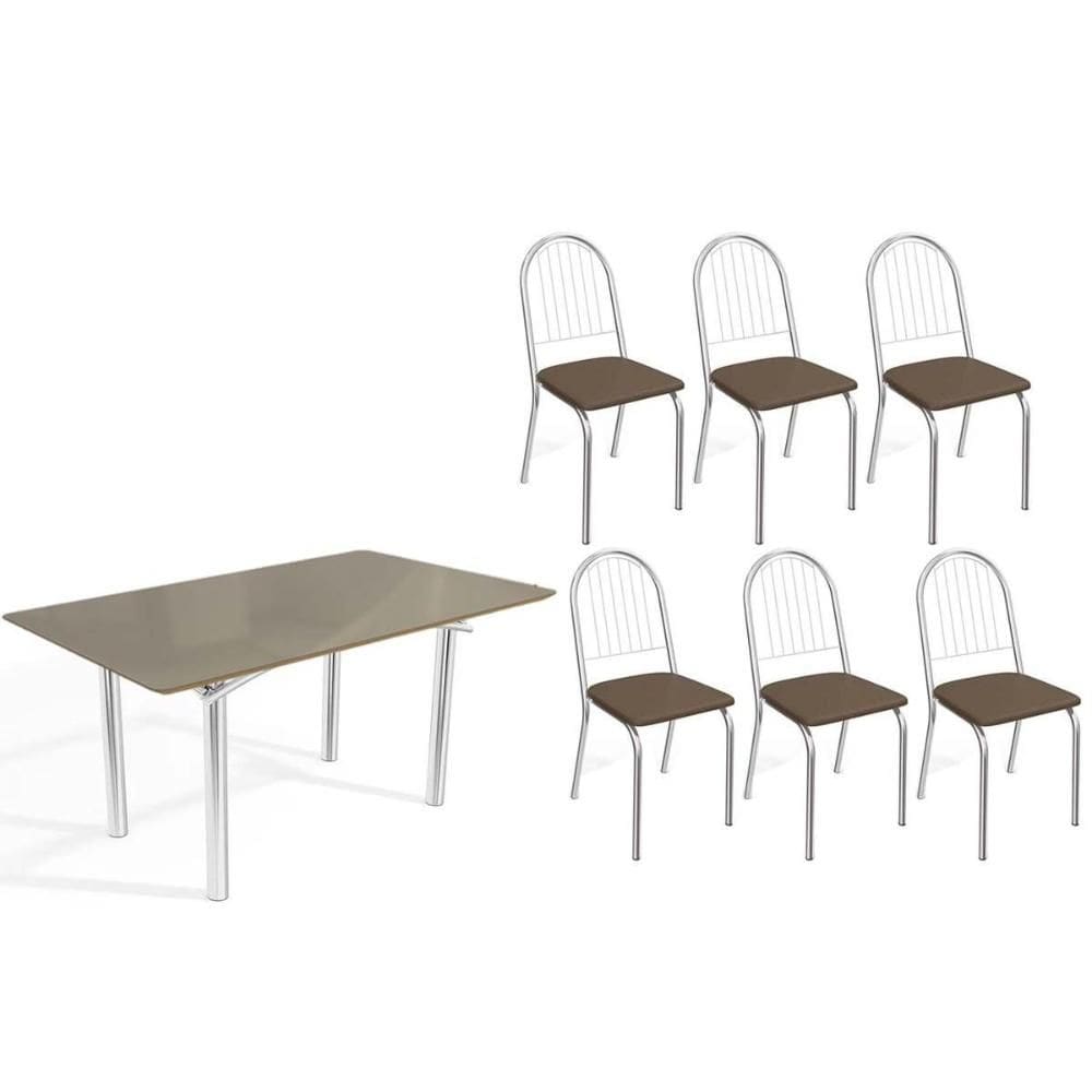 Conjunto: Mesa Sala Jantar Elba Tampo Madeirado c/ Vidro 160cm e 6 Cadeiras Noruega Cromada/Freijo Bronze - Courano Marrom - Kappesberg