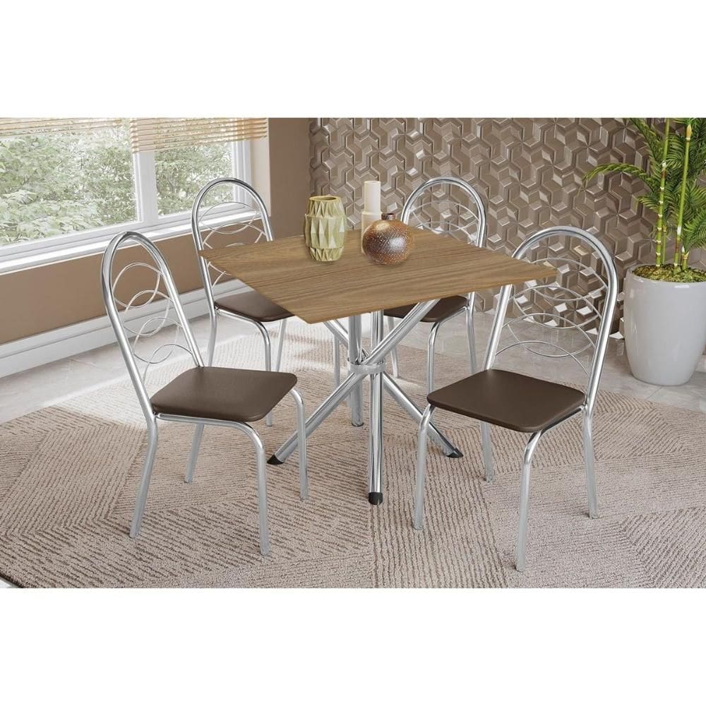 Conjunto: Mesa Sala Jantar Volga c/ Tampo de Madeira 90cm e 4 Cadeiras Holanda Cromado/Nogueira - Marrom - Kappesberg