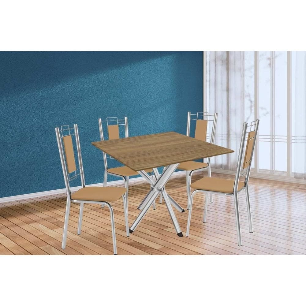Conjunto: Mesa de Cozinha Volga c/ Tampo de Madeira 90cm e 4 Cadeiras Florença Cromado/Nogueira - Capuccino - Kappesberg