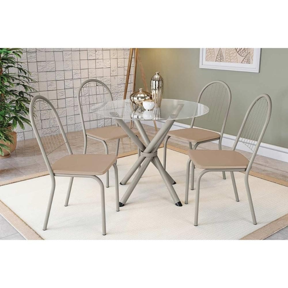Conjunto: Mesa Sala Jantar Volga c/ Tampo de Vidro 95cm e 4 Cadeiras Noruega Niquel - Courano Bege - Kappesberg