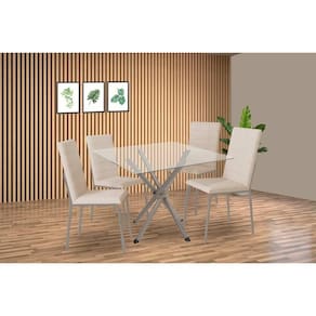 Conjunto: Mesa Sala Jantar Volga c/ Tampo de Vidro 90cm e 4 Cadeiras Amsterdã Niquel - Courano Bege - Kappesberg