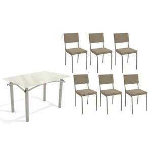 Conjunto: Mesa Sala Jantar Elba Tampo Madeirado c/ Vidro 120cm e 6 Cadeiras Zaria Niquel/Off White - Boucle Bege - Kappesberg