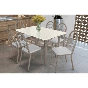 Conjunto: Mesa de Cozinha Elba Tampo Madeirado c/ Vidro 120cm e 6 Cadeiras Holanda Niquel/Off White - Courano Branco - Kappesberg