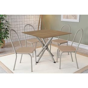 Conjunto: Mesa de Cozinha Volga c/ Tampo de Madeira 90cm e 4 Cadeiras Noruega Niquel/Nogueira - Bege - Kappesberg