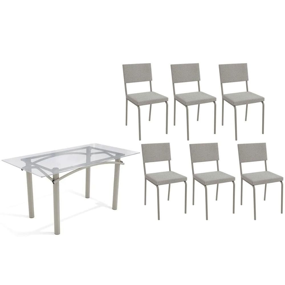 Conjunto: Mesa Sala Jantar Elba c/ Tampo de Vidro 150cm e 6 Cadeiras Zaria Niquel - Boucle Cinza - Kappesberg