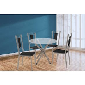 Conjunto: Mesa Sala Jantar Volga c/ Tampo de Vidro 95cm e 4 Cadeiras Florença Niquel - Courano Preto - Kappesberg