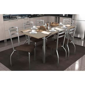 Conjunto: Mesa Sala Jantar Elba Tampo Madeirado c/ Vidro 160cm e 6 Cadeiras Portugal Cromada/Freijo Bronze - Courano Marrom - Kappesberg