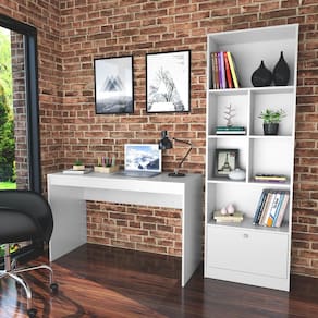 Conjunto Mesa e Livreiro Home Office Nova Mobile Branco