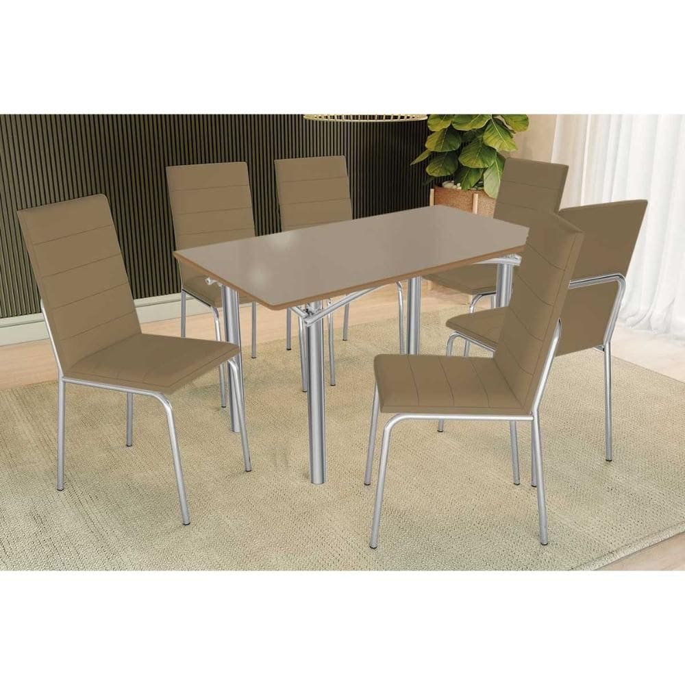 Conjunto: Mesa de Cozinha Elba Tampo Madeirado c/ Vidro 160cm e 6 Cadeiras Amsterdã Cromada/Freijo Bronze - Courano Capuccino - Kappesberg