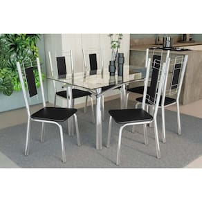 Conjunto: Mesa de Cozinha Elba c/ Tampo de Vidro 140cm e 6 Cadeiras Florença Cromada - Courano Preto - Kappesberg
