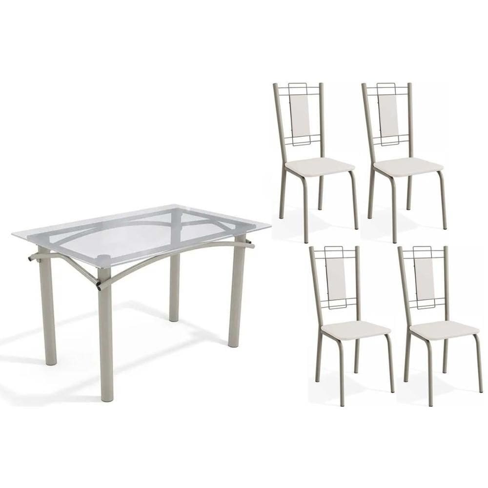 Conjunto: Mesa de Cozinha Elba c/ Tampo de Vidro 120cm e 4 Cadeiras Florença Niquel - Courano Branco - Kappesberg