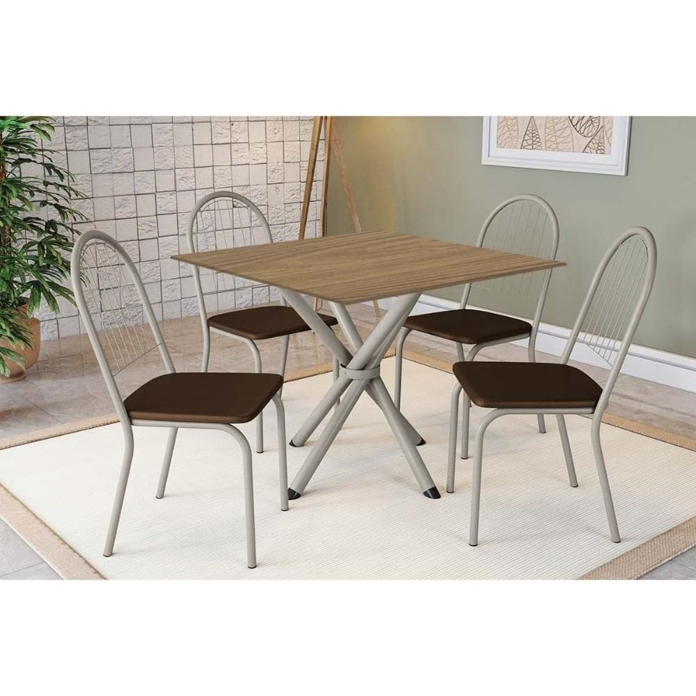 Conjunto: Mesa Sala Jantar Volga c/ Tampo de Madeira 90cm e 4 Cadeiras Noruega Niquel/Nogueira - Marrom - Kappesberg