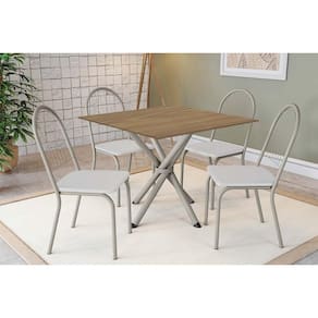 Conjunto: Mesa de Cozinha Volga c/ Tampo de Madeira 90cm e 4 Cadeiras Noruega Niquel/Nogueira - Branco - Kappesberg