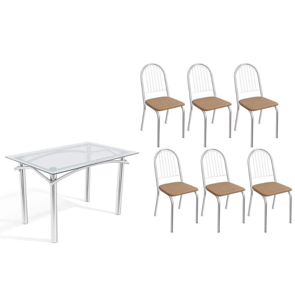 Conjunto: Mesa Sala Jantar Elba c/ Tampo de Vidro 120cm e 6 Cadeiras Noruega Cromada - Courano Capuccino - Kappesberg