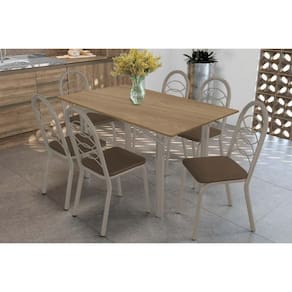Conjunto: Mesa Sala Jantar Elba c/ Tampo de Madeira 160cm e 6 Cadeiras Holanda Niquel/Nogueira - Courano Marrom - Kappesberg