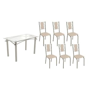 Conjunto: Mesa de Cozinha Elba c/ Tampo de Vidro 120cm e 6 Cadeiras Lisboa Niquel - Courano Bege - Kappesberg