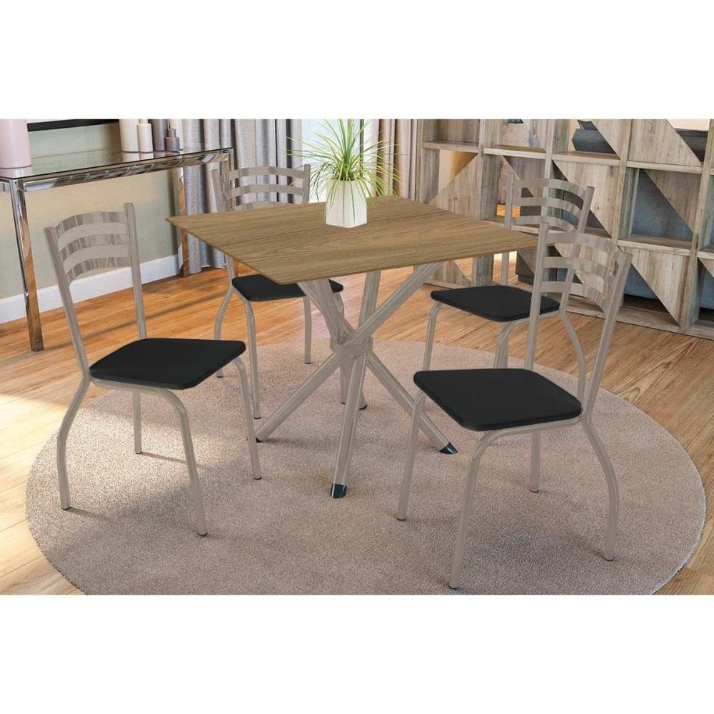 Conjunto: Mesa de Cozinha Volga c/ Tampo de Madeira 90cm e 4 Cadeiras Portugal Niquel/Nogueira - Courano Preto - Kappesberg