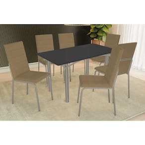 Conjunto: Mesa de Cozinha Elba Tampo Madeirado c/ Vidro 160cm e 6 Cadeiras Amsterdã Niquel/Preto - Courano Capuccino - Kappesberg