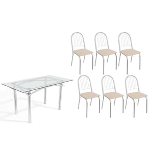 Conjunto: Mesa Sala Jantar Elba c/ Tampo de Vidro 150cm e 6 Cadeiras Noruega Cromada - Courano Bege - Kappesberg
