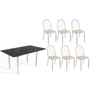 Conjunto: Mesa de Cozinha Elba Tampo Madeirado c/ Vidro 160cm e 6 Cadeiras Noruega Cromada/Preto - Courano Bege - Kappesberg