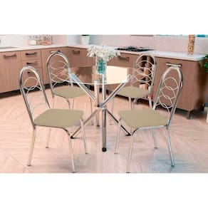 Sala de Jantar Completa Volga c/ Tampo de Vidro 95cm e 4 Cadeiras Holanda Cromada - Courano Bege - Kappesberg