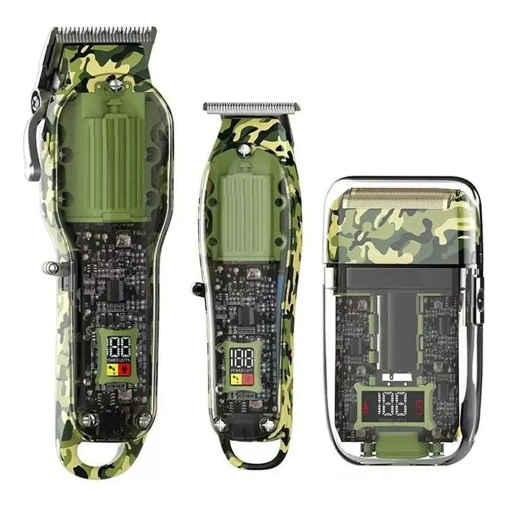 Máquina de Corte Kit Barbeiro 3 em 1 Camuflado Transparente Sem Fio Profissional KEMEI KM-2379