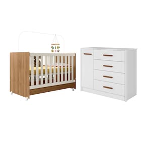 Conjunto Berço Encanto com Rodízios e Cômoda Pérola Nature Branco - Peternella