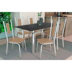 Conjunto: Mesa Sala Jantar Elba Tampo Madeirado c/ Vidro 120cm e 6 Cadeiras Florença Cromada/Preto - Courano Capuccino - Kappesberg