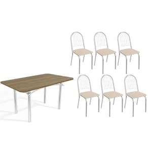 Conjunto: Mesa Sala Jantar Elba c/ Tampo de Madeira 160cm e 6 Cadeiras Noruega Cromada/Nogueira - Courano Bege - Kappesberg